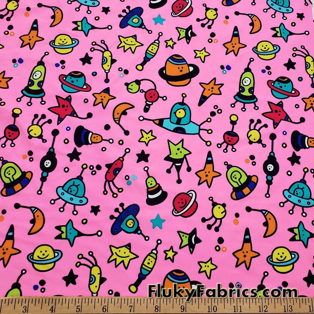 Colorful Space Doodles Over a Bright Pink Nylon Spandex Swimwear Fabric