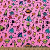 Colorful Space Doodles Over a Bright Pink Nylon Spandex Swimwear Fabric at FlukyFabrics.com