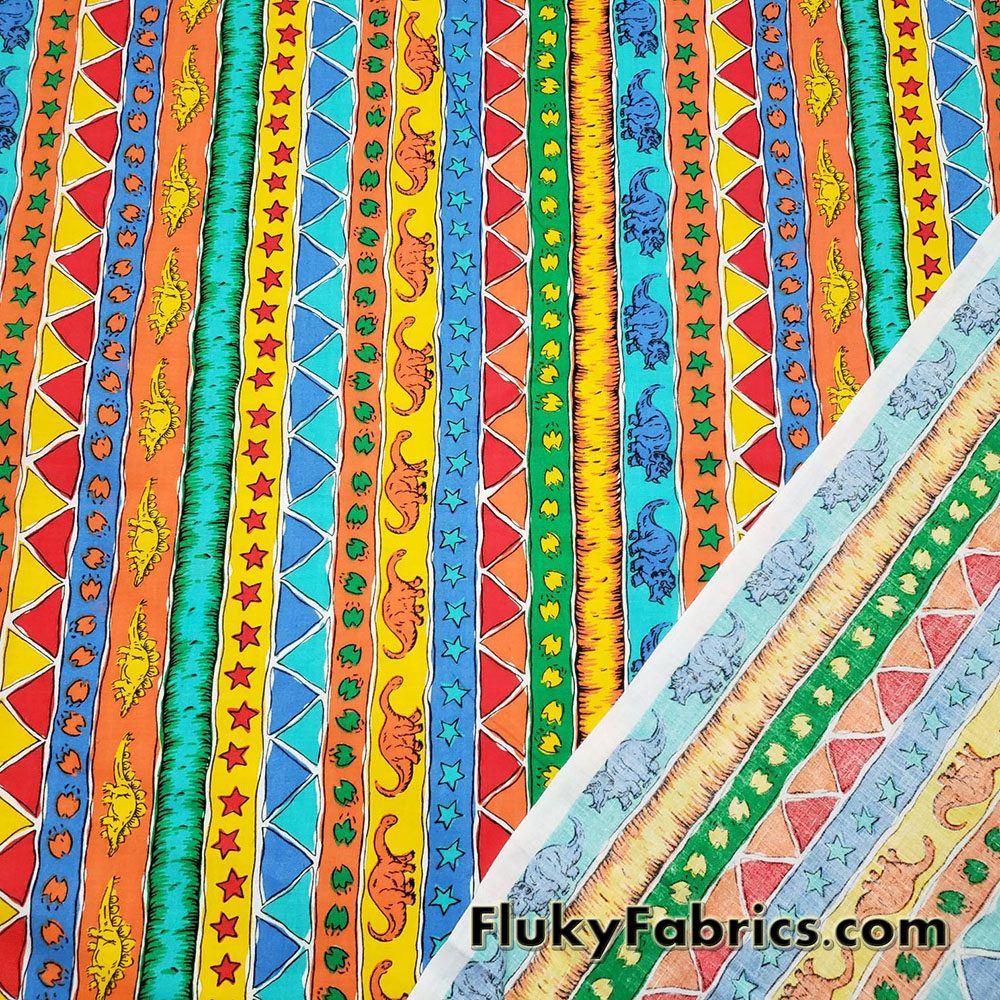 Colorful Vertical Stripes with Dinosaurs and Geometric Shapes Cotton Woven Fabric