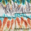 Colorful Feathers and Leaves Sketches on White Cotton Rib Fabric