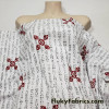 Asian Text and Red Symbols on White Cotton Rib Fabric