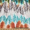 Colorful Feathers and Leaves Sketches on White Cotton Rib Fabric at FlukyFabrics.com