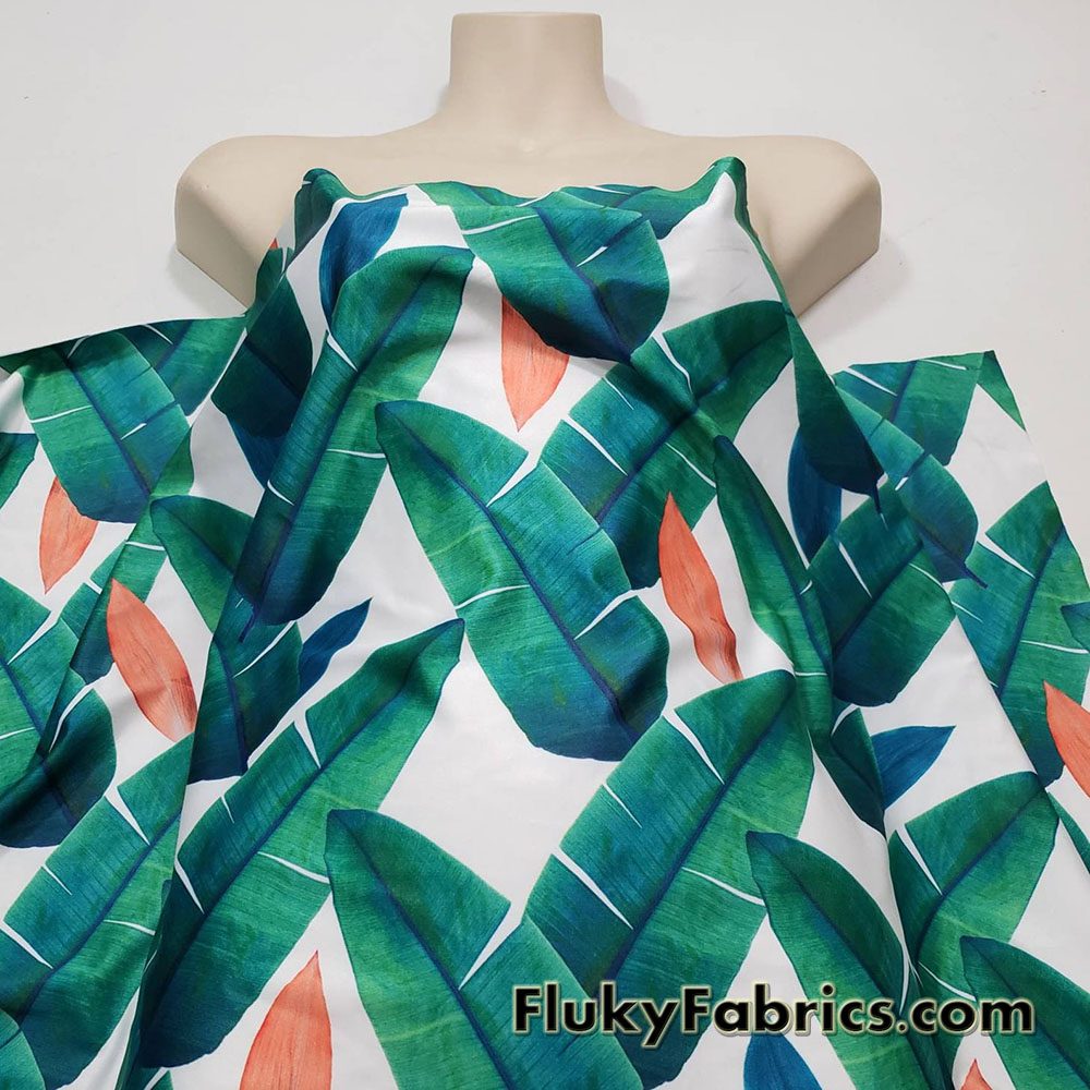Banana Leaves on White Nylon Spandex Bikini, Swimsuit, Swimwear Fabric