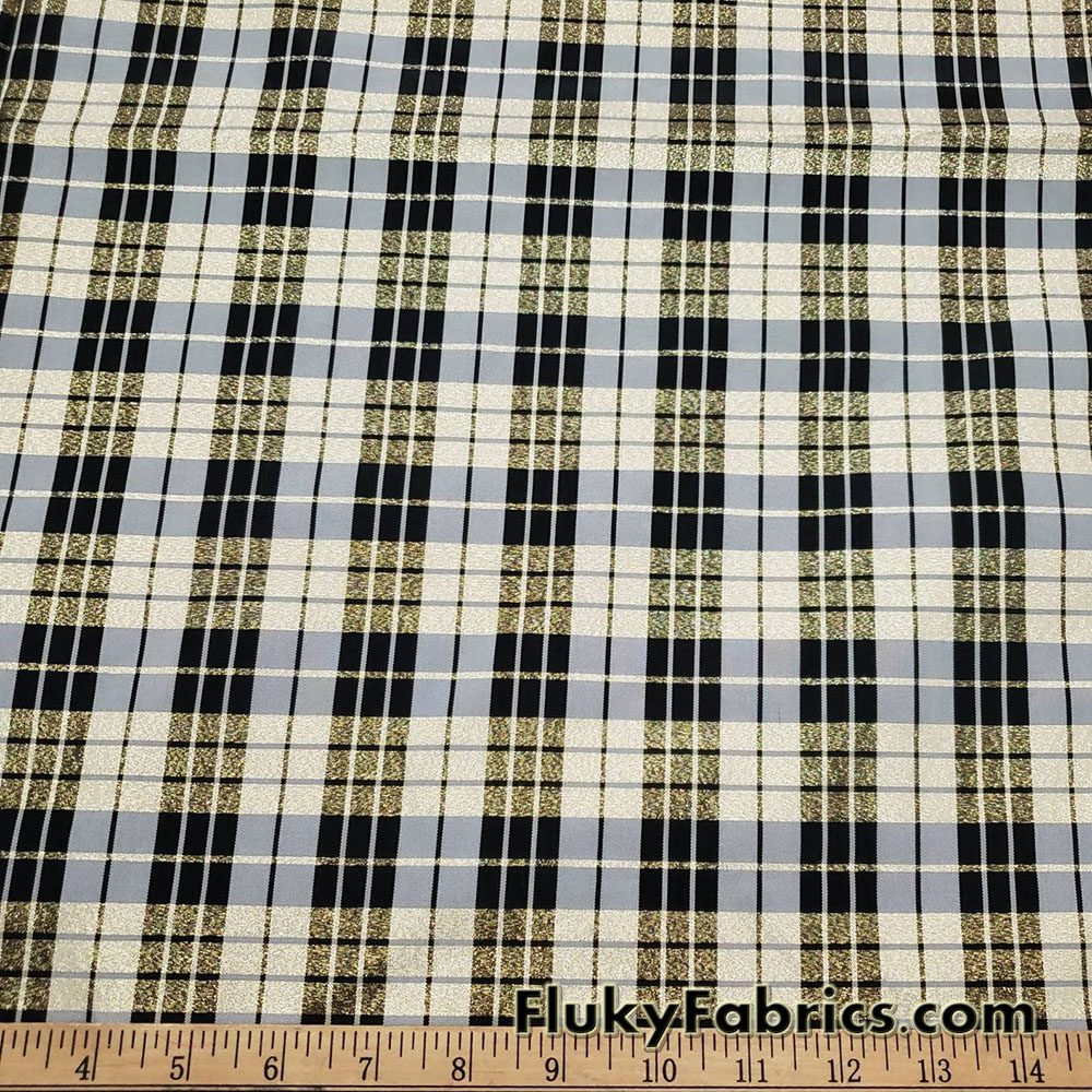 Light Gray and Black Plaid with Gold Lurex Yarn Dyed Taffeta Fabric at FlukyFabrics.com