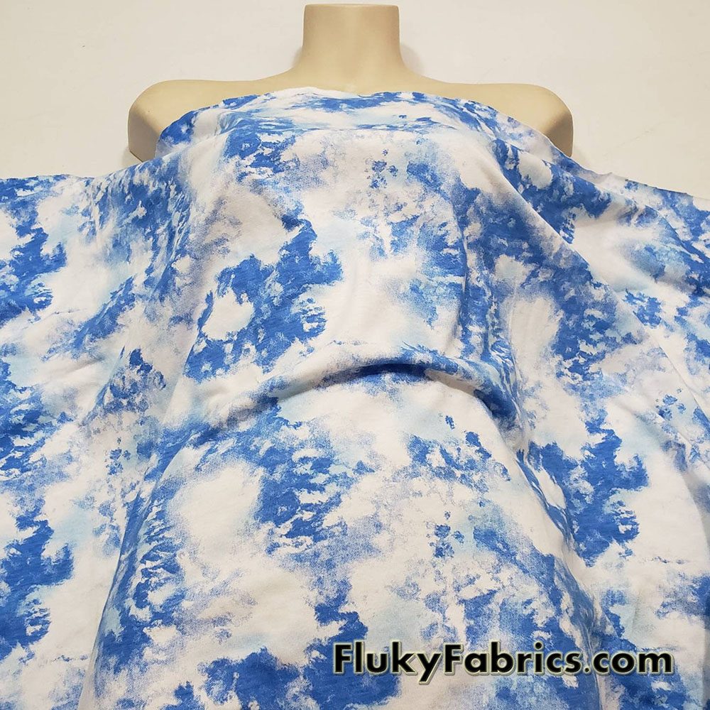 Blue and White Tie Dye Print Rayon Spandex Jersey Fabric