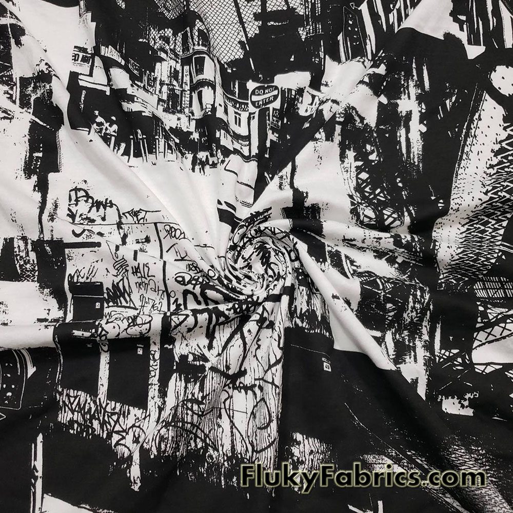 Urban Jungle Abstract Black and White Lightweight Cotton Jersey Fabric