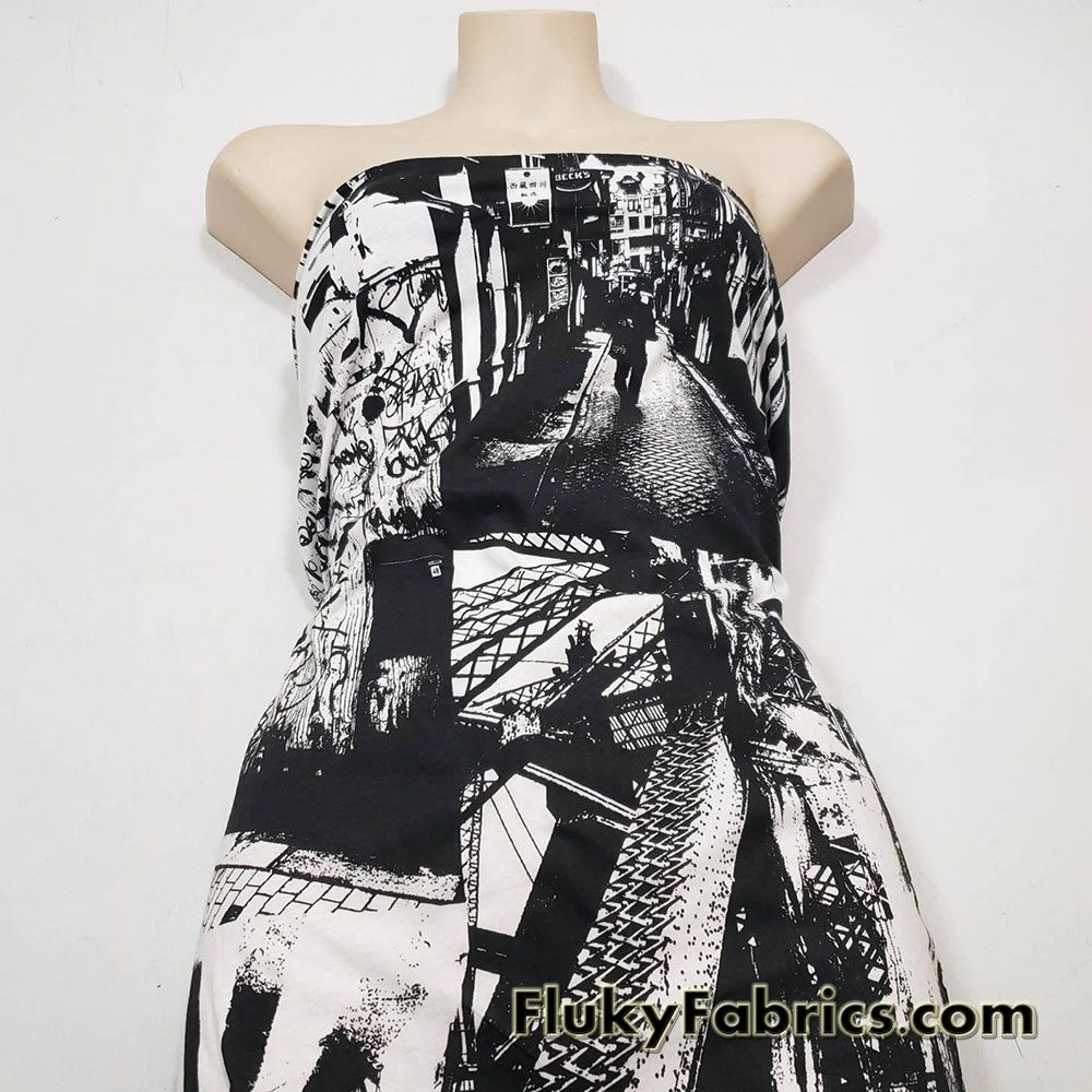 Urban Jungle Abstract Black and White Lightweight Cotton Jersey Fabric