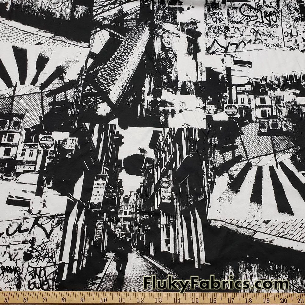 Urban Jungle Abstract Black and White Lightweight Cotton Jersey Fabric