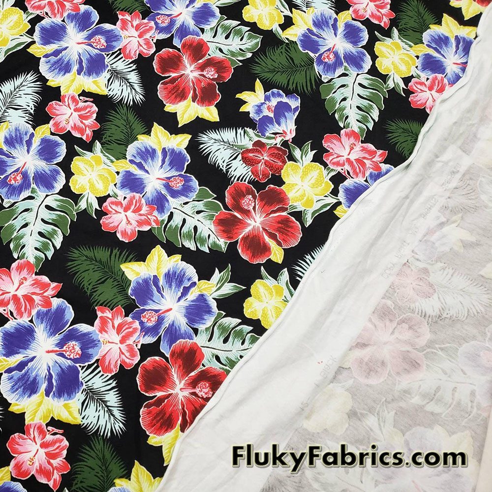 Hibiscus Flowers and Leaves Print Cotton Spandex Fabric