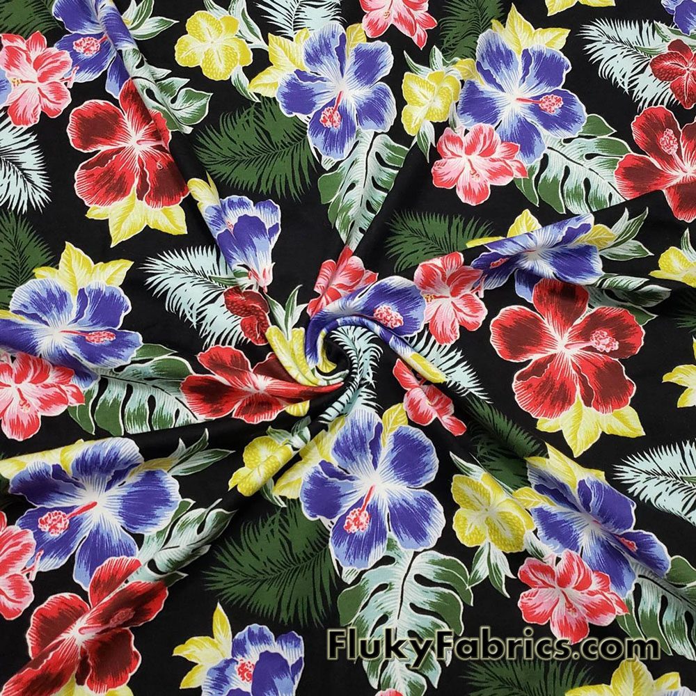 Hibiscus Flowers and Leaves Print Cotton Spandex Fabric
