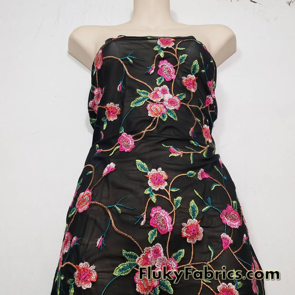 Embroidered Flowers on Black Stretch Mesh Nylon Spandex Fabric