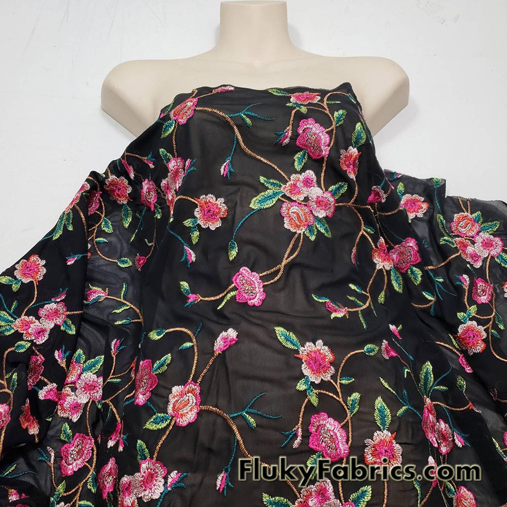 Embroidered Flowers on Black Stretch Mesh Nylon Spandex Fabric