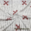 Asian Text and Red Symbols on White Cotton Rib Fabric