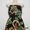 Guitars and Green Leaves and Yellow Leis and Flowers on Black Cotton Woven Fabric
