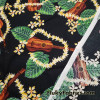 Guitars and Green Leaves and Yellow Leis and Flowers on Black Cotton Woven Fabric