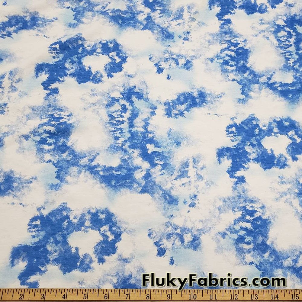 Blue and White Tie Dye Print Rayon Spandex Jersey Fabric