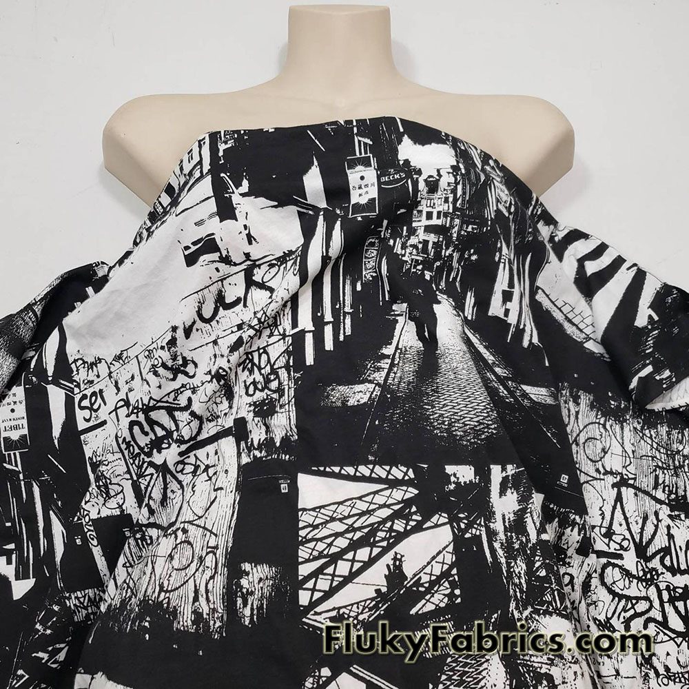 Urban Jungle Abstract Black and White Lightweight Cotton Jersey Fabric