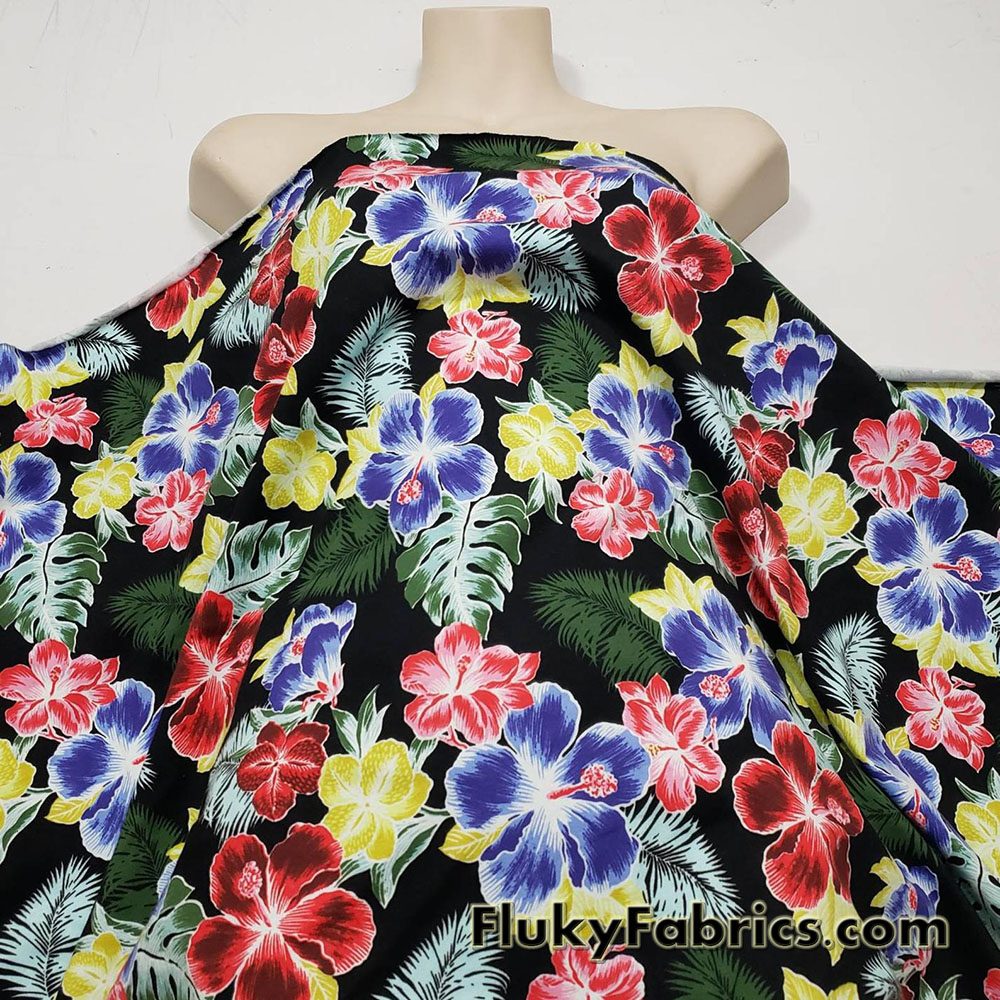 Hibiscus Flowers and Leaves Print Cotton Spandex Fabric