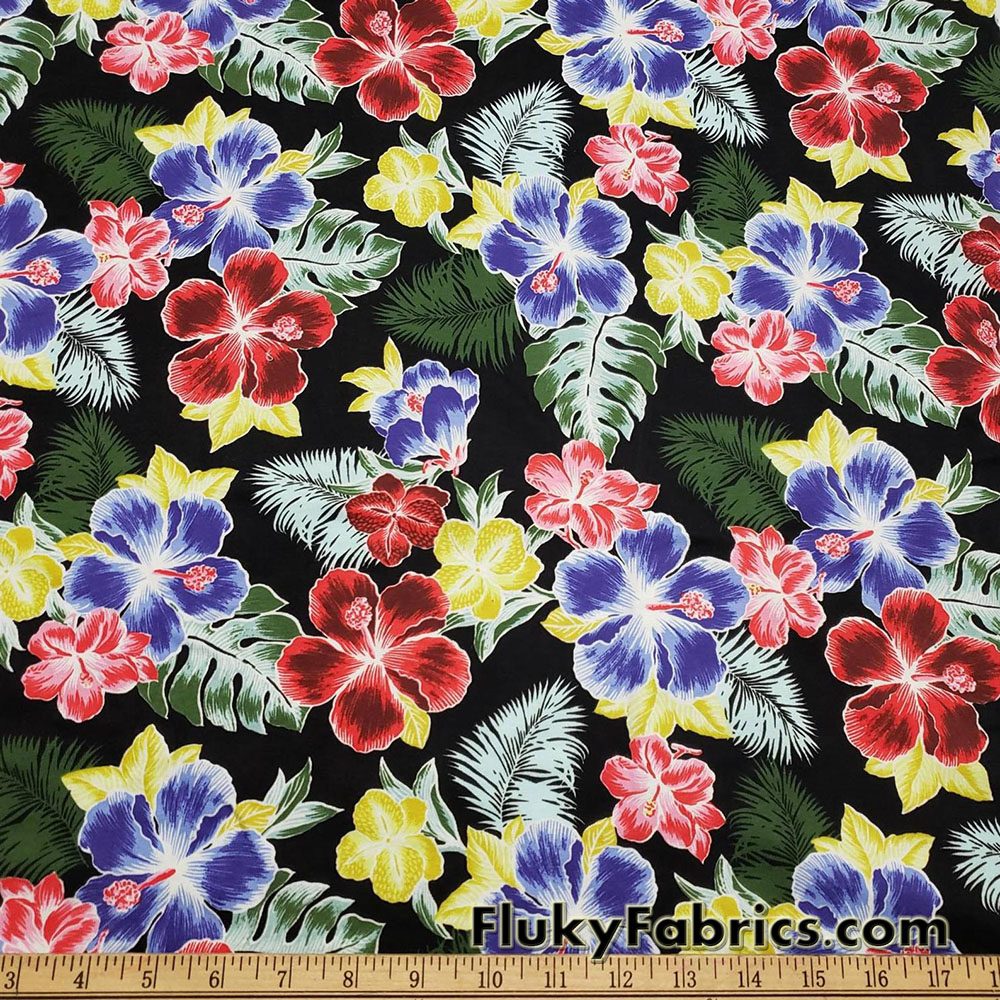 Hibiscus Flowers and Leaves Print Cotton Spandex Fabric