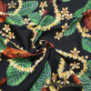 Guitars and Green Leaves and Yellow Leis and Flowers on Black Cotton Woven Fabric