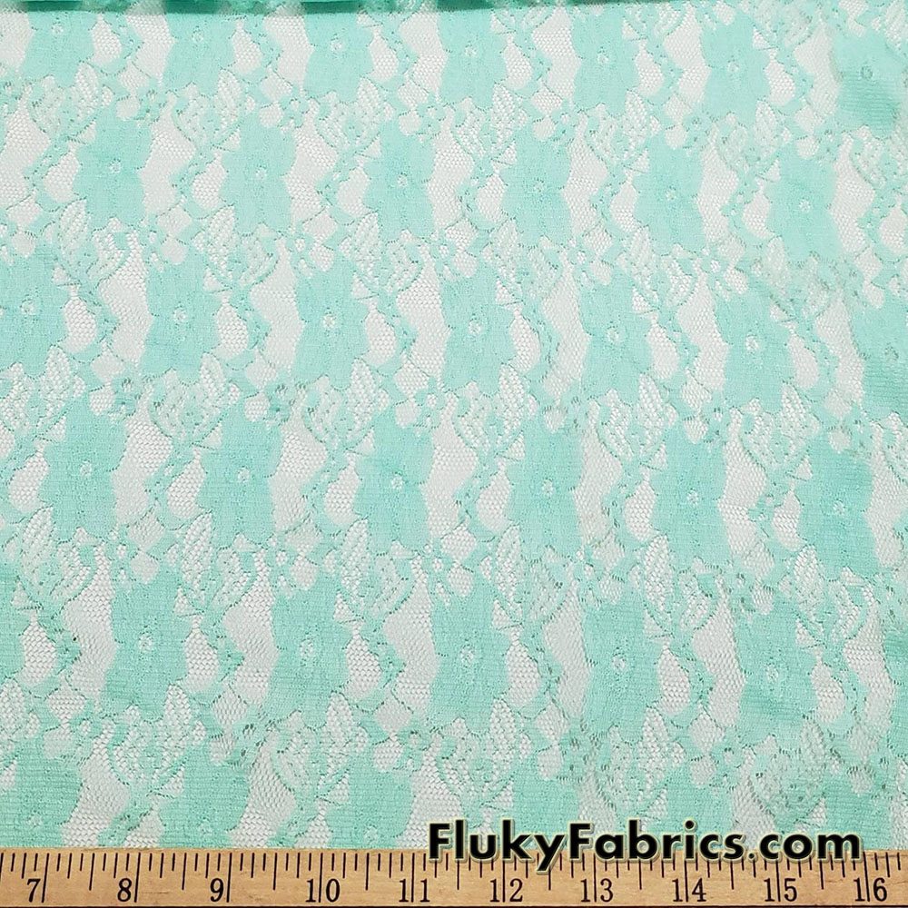 Mint Stretch Lace Fabric at FlukyFabrics.com