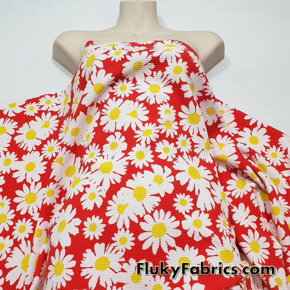 White Daisies Printed Bullet Textured Liverpool Fabric 4 Way Stretch Spandex Double Knit Fabric By The Yard