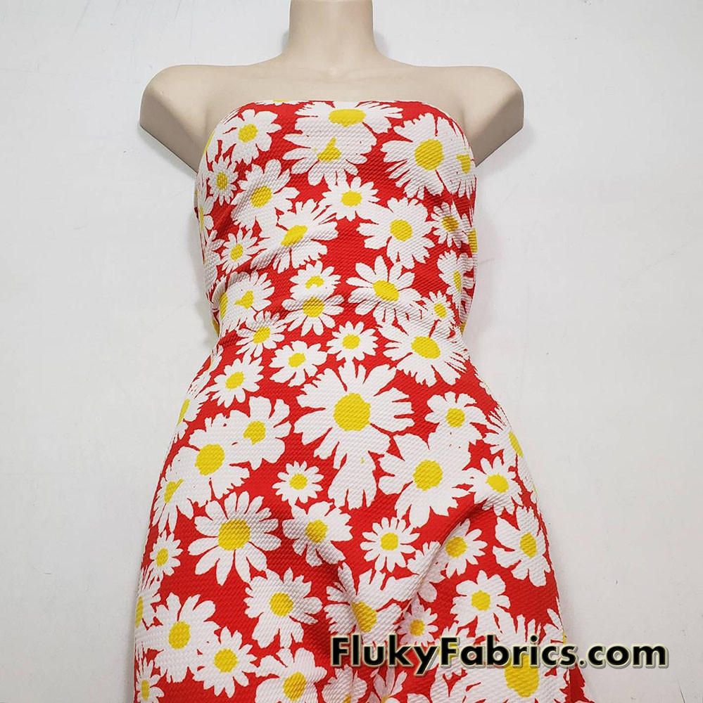 White Daisies Printed Bullet Textured Liverpool Fabric 4 Way Stretch Spandex Double Knit Fabric By The Yard