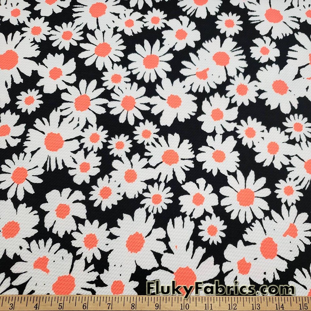 White 4 way stretch poly liverpool fabric with red all over roses green leaves design sold by the yard