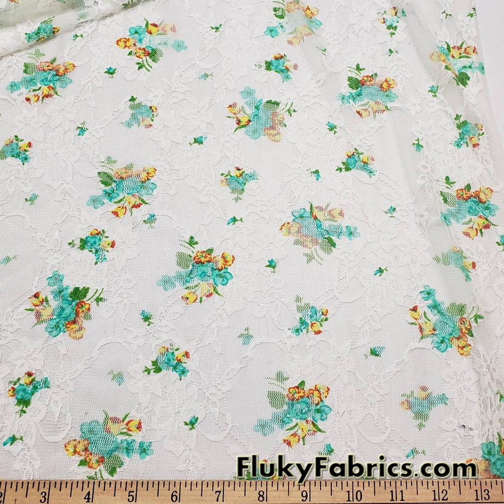 Flowery Print on Off White Stretch Lace Fabric