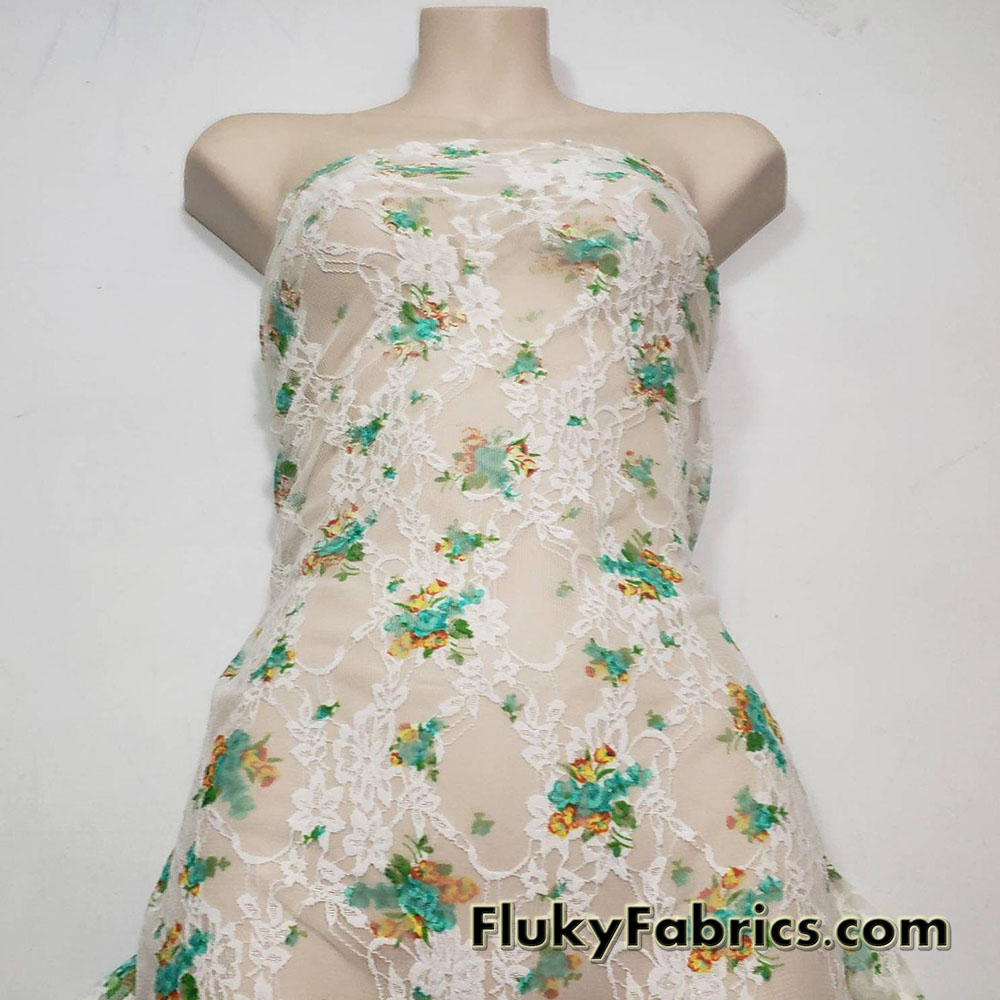 Flowery Print on Off White Stretch Lace Fabric