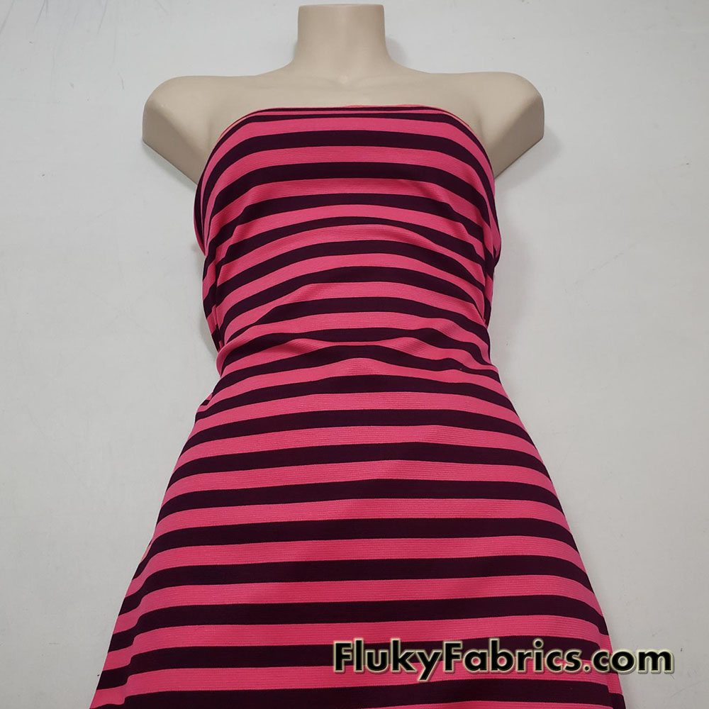 Hot Coral and Black Stripes Print Ponte de Roma Knit Fabric