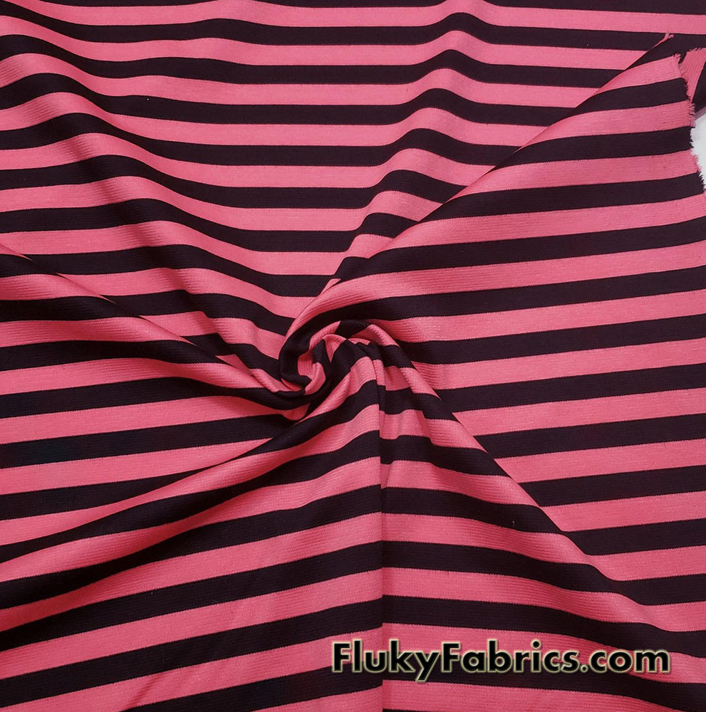 Hot Coral and Black Stripes Print Ponte de Roma Knit Fabric