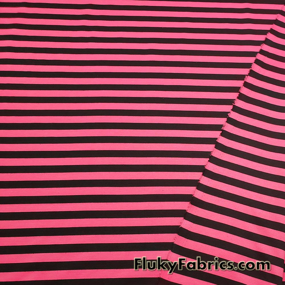 Hot Coral and Black Stripes Print Ponte de Roma Knit Fabric