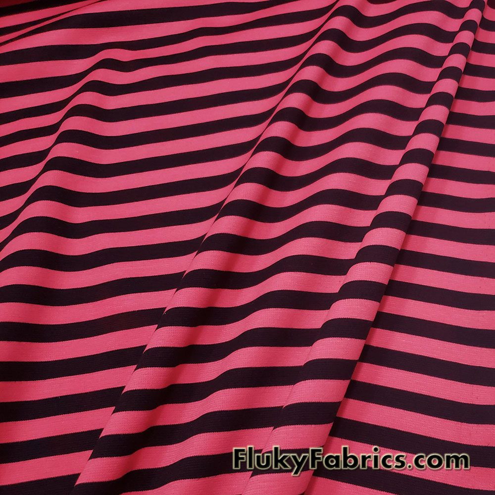 Hot Coral and Black Stripes Print Ponte de Roma Knit Fabric