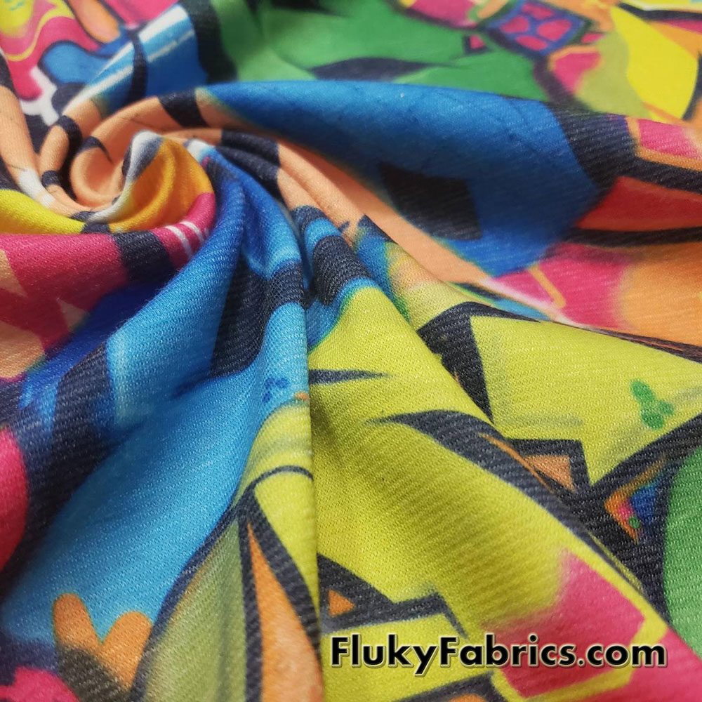 Colorful Graffiti Print on Ponte de Roma Knit Fabric