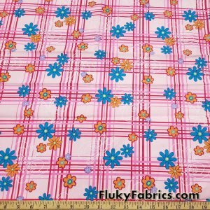 Pink Plaid with Flowers and Butterflies Print Cotton Fabric at FlukyFabrics.com