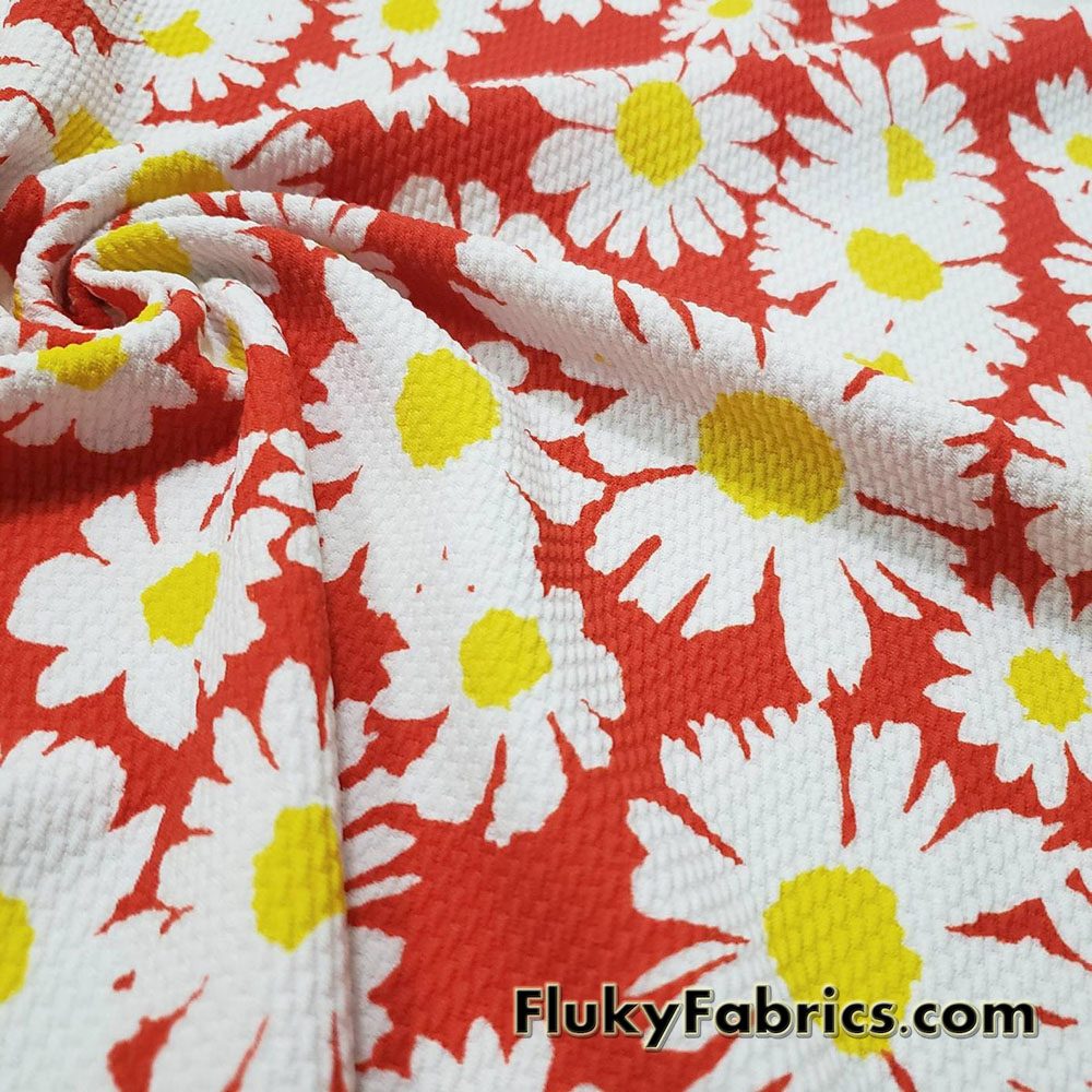 White Daisies Printed Bullet Textured Liverpool Fabric 4 Way Stretch Spandex Double Knit Fabric By The Yard