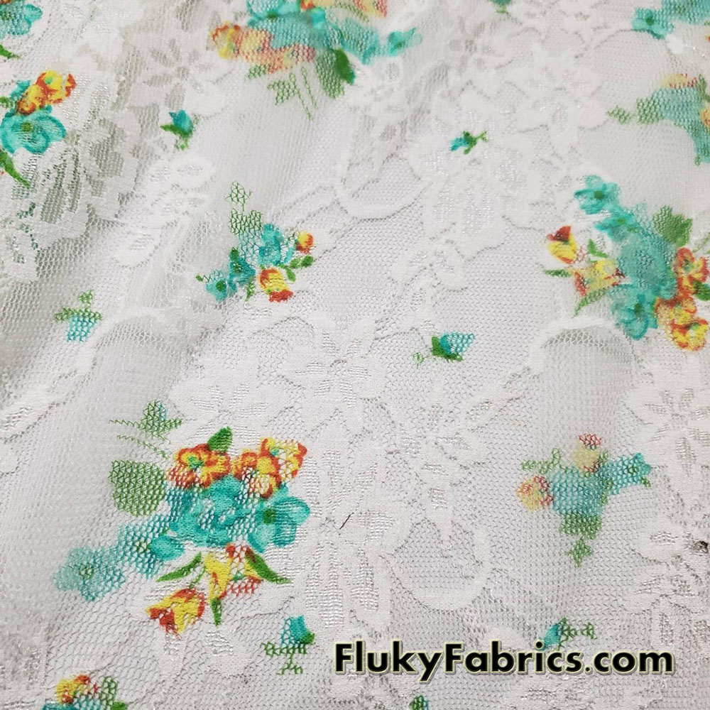 Flowery Print on Off White Stretch Lace Fabric