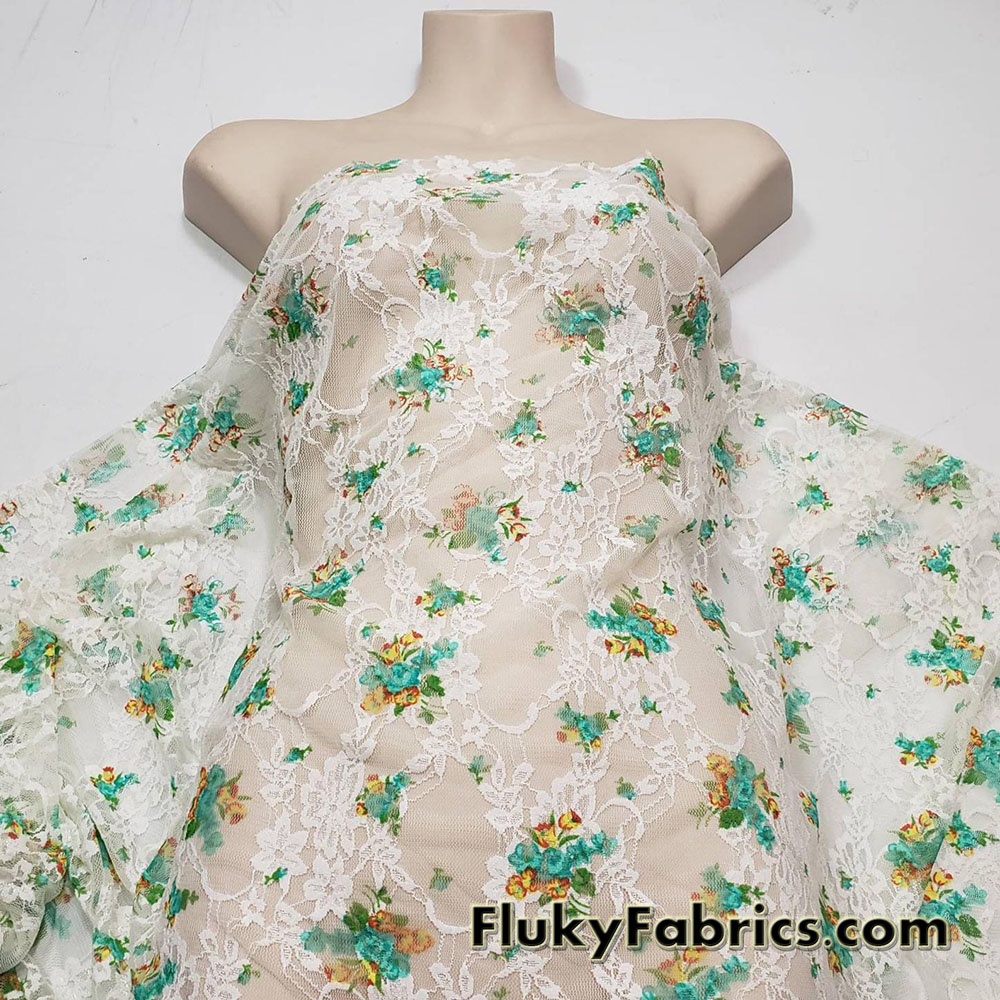 Flowery Print on Off White Stretch Lace Fabric