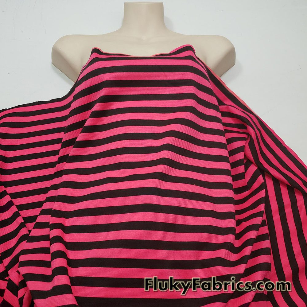 Hot Coral and Black Stripes Print Ponte de Roma Knit Fabric