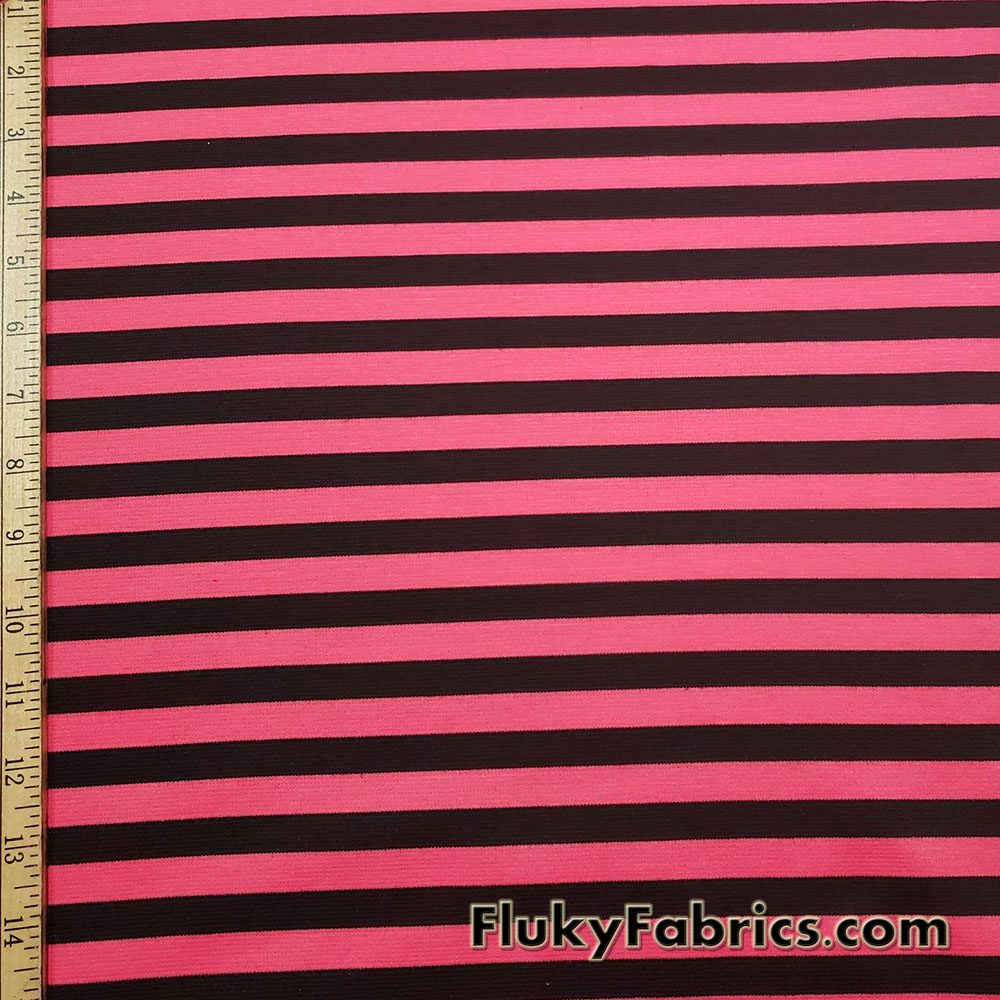 Hot Coral and Black Stripes Print Ponte de Roma Knit Fabric