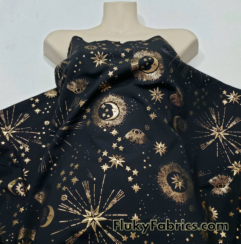 Astrology Symbols in Gold Foil 4 Way Stretch Nylon Spandex Bikini Swimsuit Swimwear Fabric