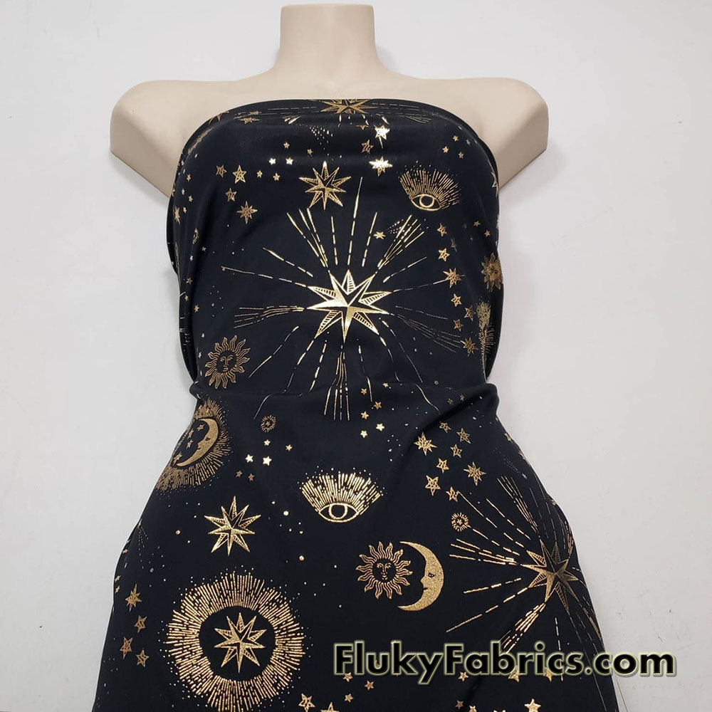 Astrology Symbols in Gold Foil 4 Way Stretch Nylon Spandex Bikini Swimsuit Swimwear Fabric