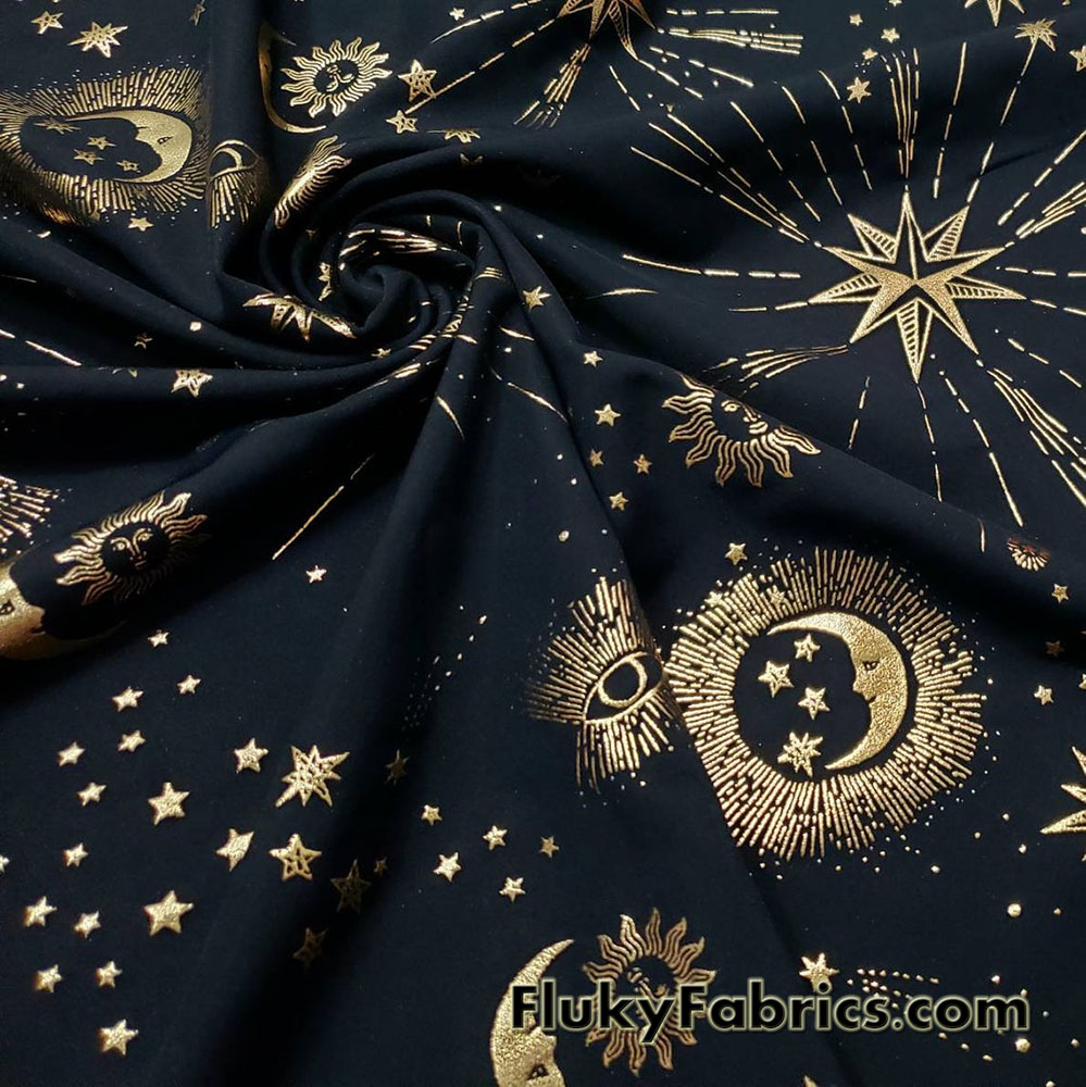 Astrology Symbols in Gold Foil 4 Way Stretch Nylon Spandex Bikini Swimsuit Swimwear Fabric