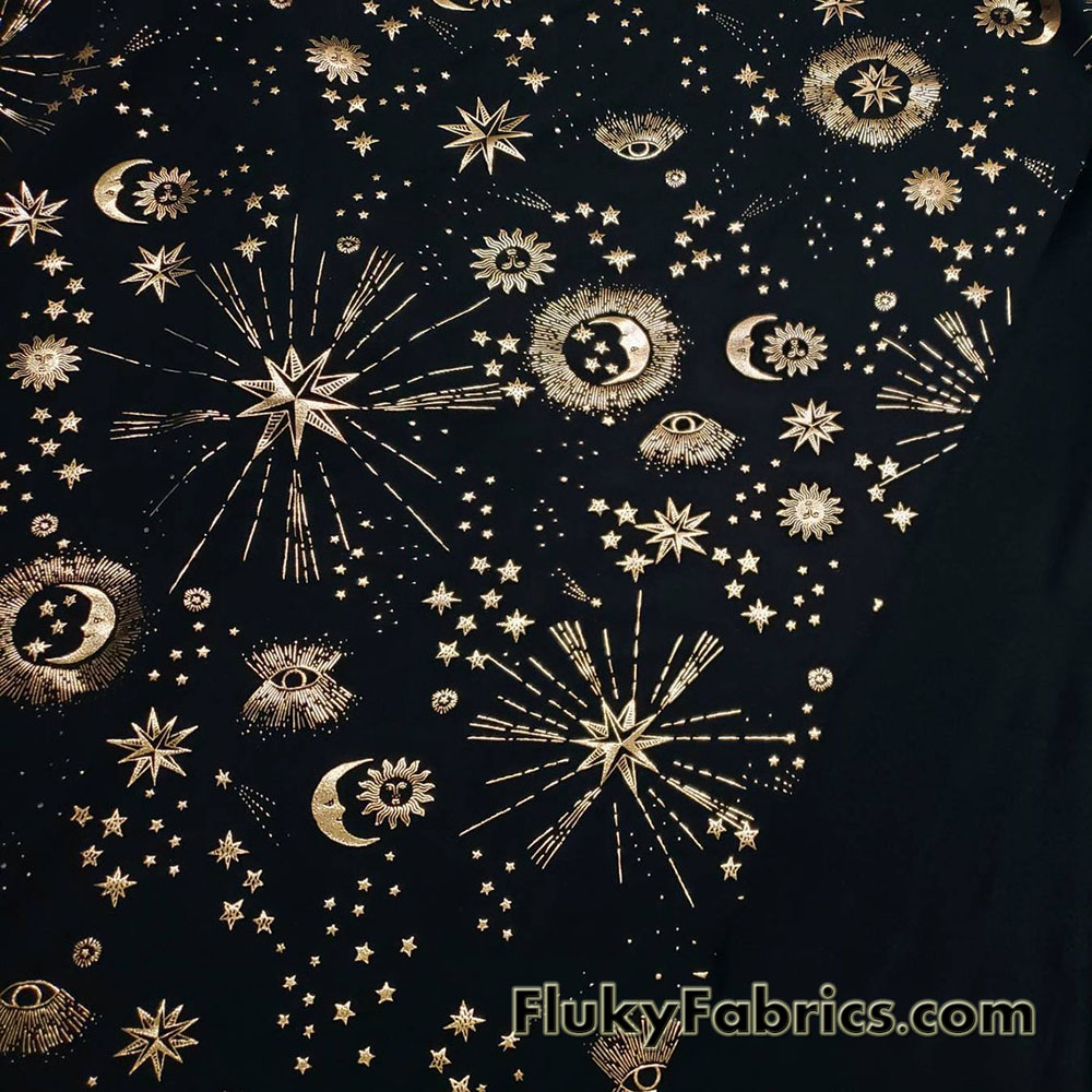 Astrology Symbols in Gold Foil 4 Way Stretch Nylon Spandex Bikini Swimsuit Swimwear Fabric