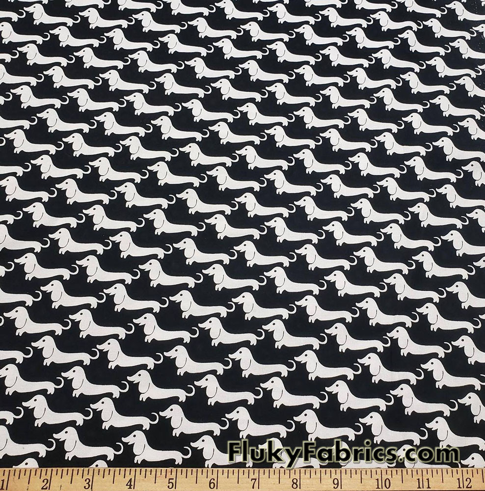 White Wiener Dogs Print on Black Cotton Woven Apparel Fabric