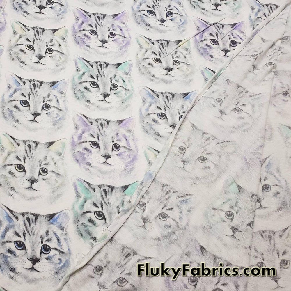 Big Cute Cat Faces 100% Cotton Jersey Fabric By The Yard