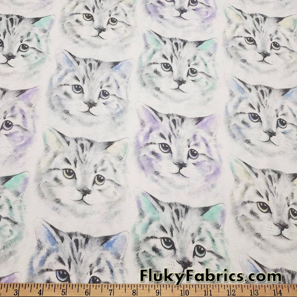 Big Cute Cat Faces 100% Cotton Jersey Fabric By The Yard