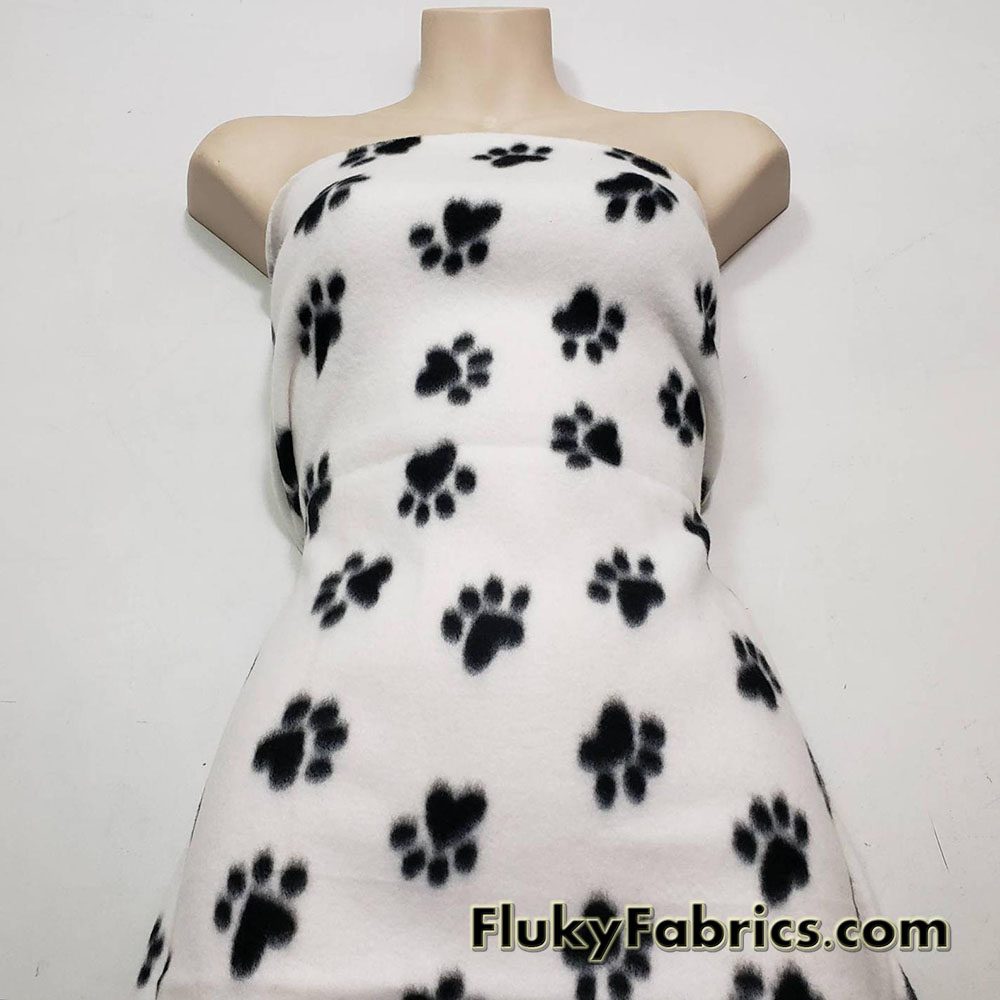 Black Dog Paws on White Fleece Fabric by the Yard