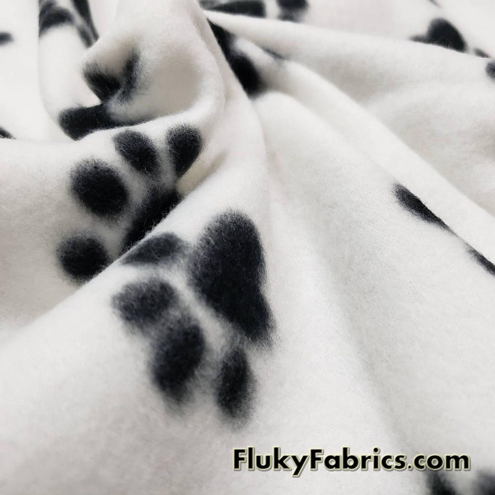 Black Dog Paws on White Fleece Fabric by the Yard